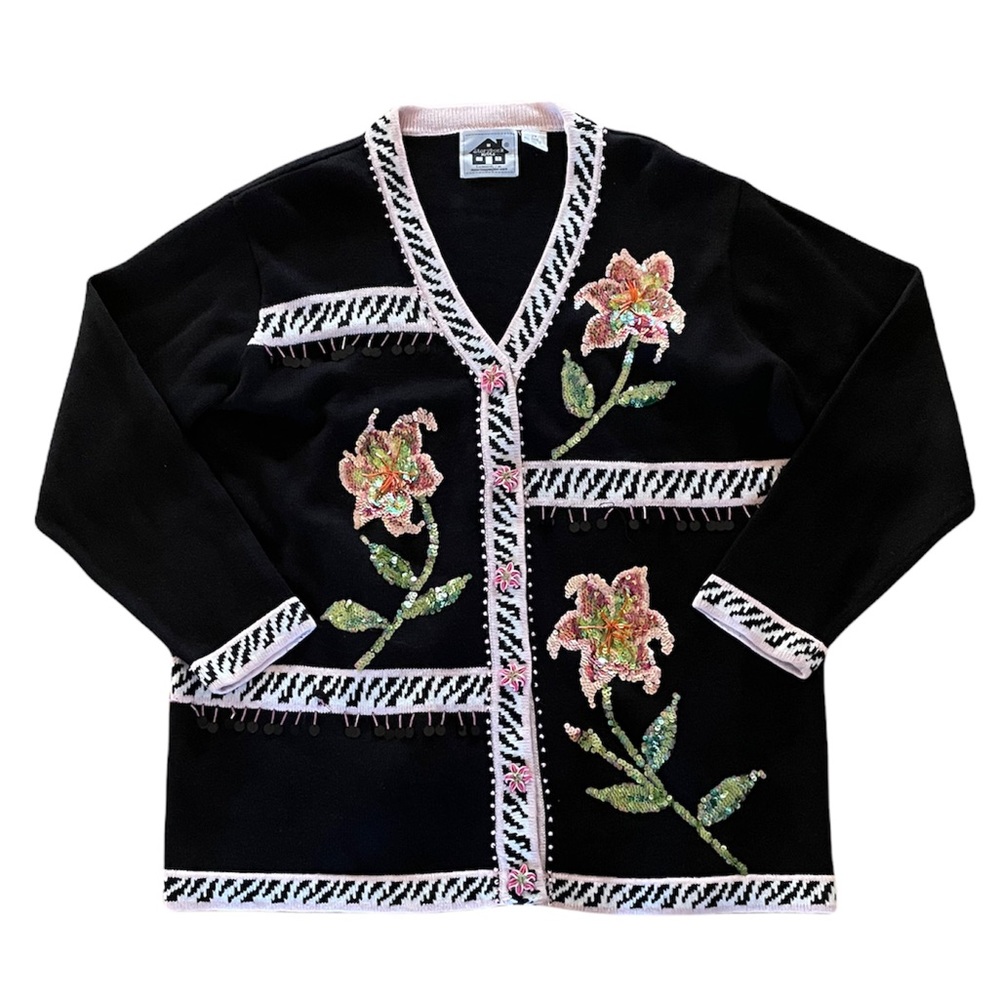 Vintage Storybook Knits Women's Black Cardigan Sequins Garden Lilies sweater